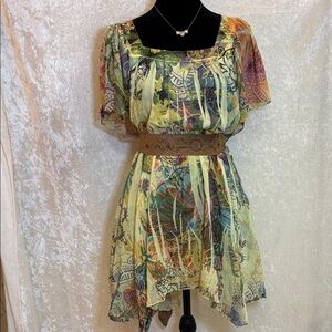 Style&Co Flutter Sleeve Tropical Abstract Hanky Hem Top sz 1X